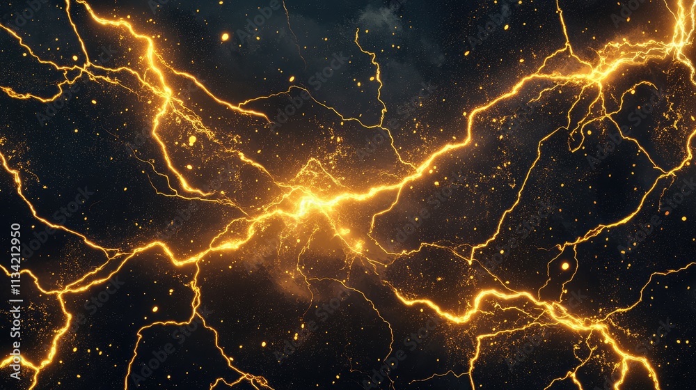 Thunderstorm golden lightening on a dark background. image