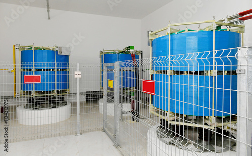 Modern new power station. The equipment used to raise or lower voltage, high voltage power station. Electrical Transformer