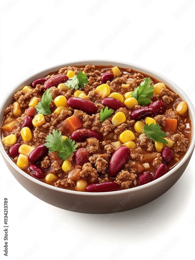 A hearty bowl of chili with meat, beans, corn, and herbs, perfect for a comforting meal. A hearty bowl of chili with meat, beans, corn, and herbs, perfect for a comforting meal.