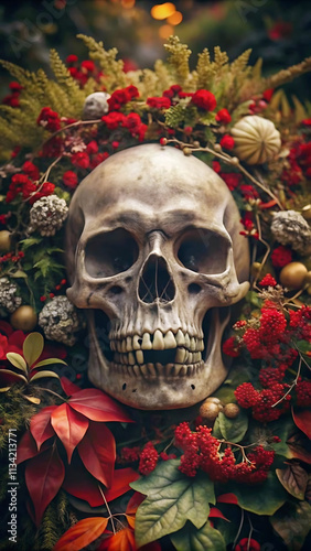 Portrait of human skeleton skull with color flowers