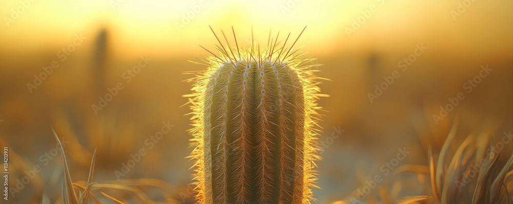 A close-up of a cactus illuminated by warm sunlight in a desert landscape. A close-up of a cactus illuminated by warm sunlight in a desert landscape.