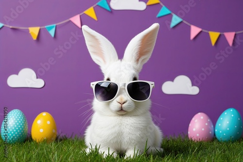 Frolicsome Bunny in Sunglasses Against a Playful Landscape for a Joyful Easter Celebration photo