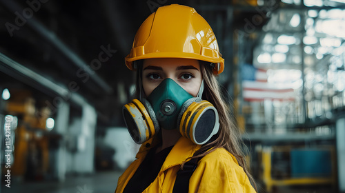 A woman adorned in a vibrant yellow helmet and protective gas mask stands confidently in a hazardous work environment. Her sturdy attire hints at the dangerous nature of her surroundings