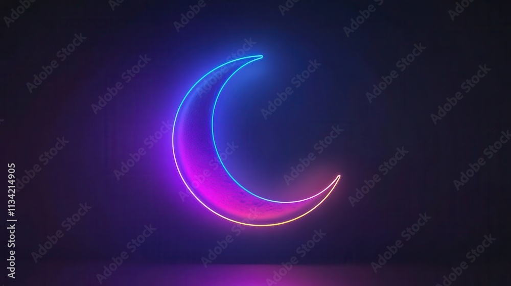 Glowing Neon Crescent Moon Night Sky Abstract Art Digital Illustration Glowing Neon Crescent Moon Night Sky Abstract Art Digital Illustration