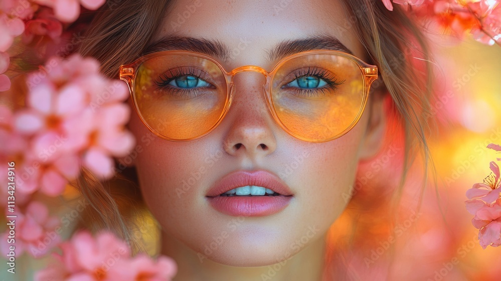 Portrait of a woman with orange-tinted glasses and floral background Portrait of a woman with orange-tinted glasses and floral background