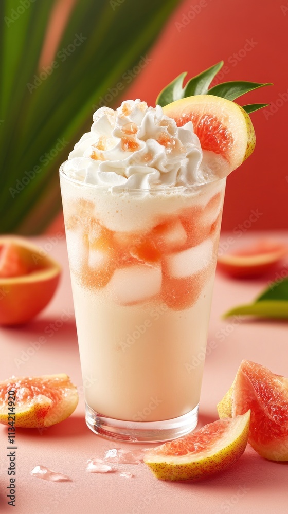 A refreshing drink topped with whipped cream and garnished with fruit, perfect for summer. A refreshing drink topped with whipped cream and garnished with fruit, perfect for summer.