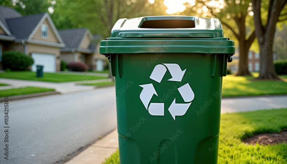 Green recycling bin on residential street. Clear eco signage promotes sustainability. Houses, lawns visible in background. Ideal for eco themes, waste management, sustainability, eco-friendly living Green recycling bin on residential street. Clear eco signage promotes sustainability. Houses, lawns visible in background. Ideal for eco themes, waste management, sustainability, eco-friendly living