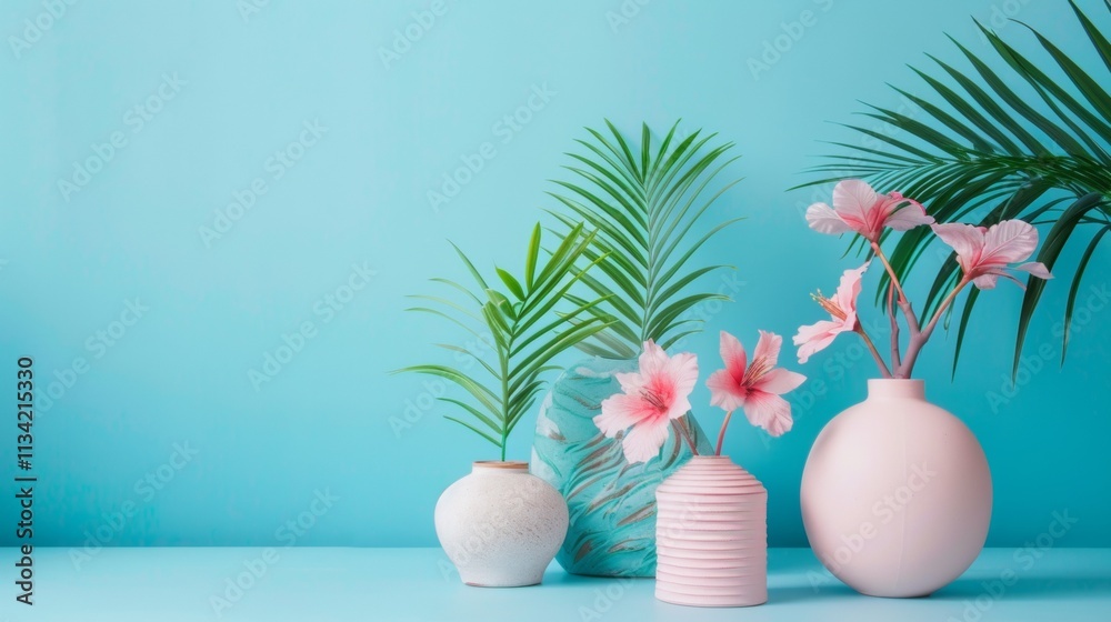 Fototapeta premium Pastel flower vases with blossoms on a light blue backdrop