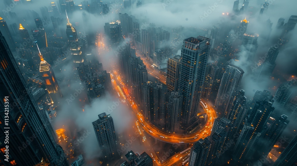 Obraz premium Cityscape view with glowing streets shrouded in mist at night.