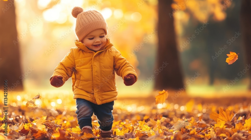 Toddler boy playing in an autumn park Toddler boy playing in an autumn park