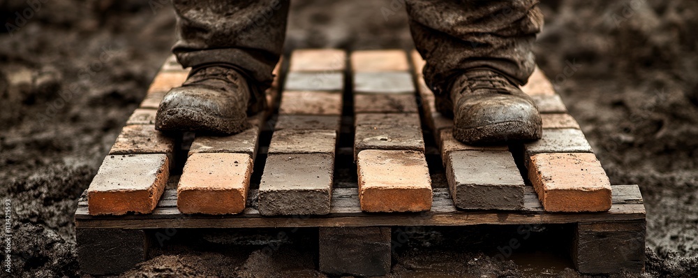 A person stands on a wooden pallet covered with bricks, indicating construction work. A person stands on a wooden pallet covered with bricks, indicating construction work.