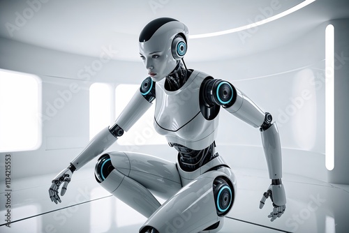 Futuristic Abstract Design of a Dynamic Robot Woman in a Pure White Setting
