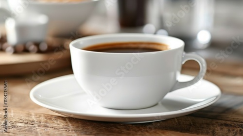 Close up of black coffee in white cup, on wooden table.