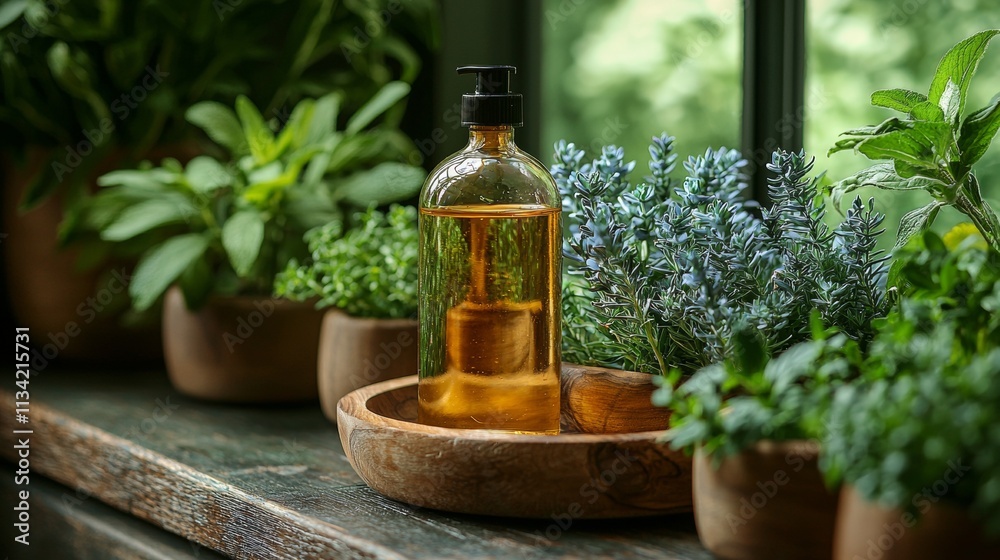 Rustic kitchen counter with herbal oils and potted plants Rustic kitchen counter with herbal oils and potted plants