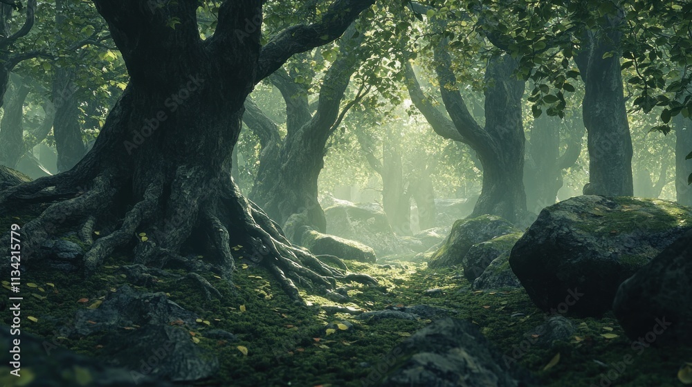 Fototapeta premium Mystical forest path bathed in sunlight.