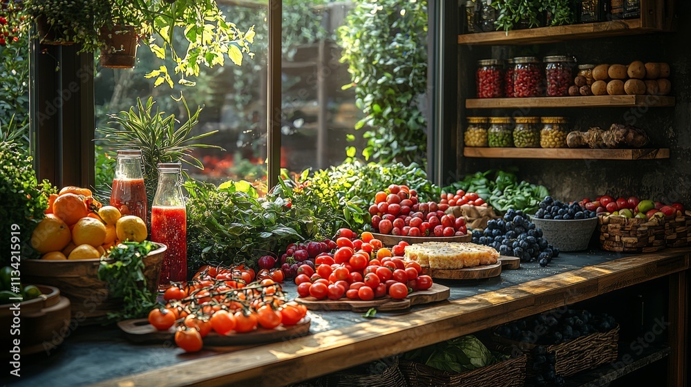 Fresh produce at a rustic market with natural lighting Fresh produce at a rustic market with natural lighting
