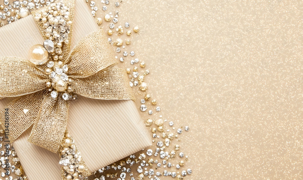 Elegant gift with gold bow, pearls, and rhinestones on glitter background. Elegant gift with gold bow, pearls, and rhinestones on glitter background.