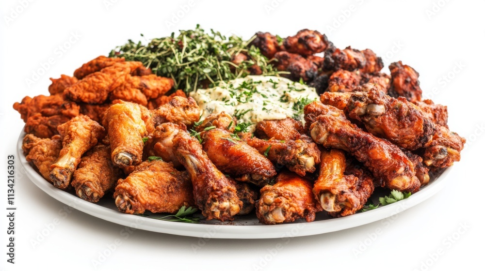Assorted Delicious Fried Chicken Wings on a White Plate Assorted Delicious Fried Chicken Wings on a White Plate