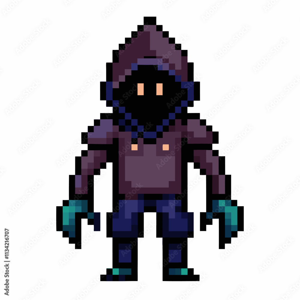 Fototapeta premium Retro Pixel Art Hooded Character with Gloves 8 Bit Game Sprite