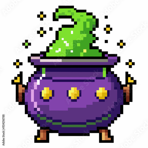 Pixel Art Witch Hat Emerging from Magic Cauldron with Sparkles