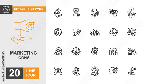 Marketing line editable icon set. Strategy, advertising, digital marketing, target audience and more line icons.