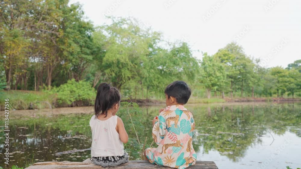 Adorable kids boy and girl sitting river park relax outddor nature learnning childhood activity Adorable kids boy and girl sitting river park relax outddor nature learnning childhood activity