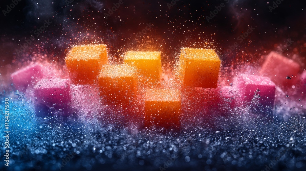 Obraz premium Colorful glowing cubes on a sparkling surface