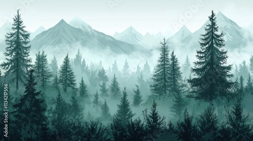 Misty pines forest on the mountain slope in a nature reserve or park. Forest of evergreen trees shrouded in fog on mountains background