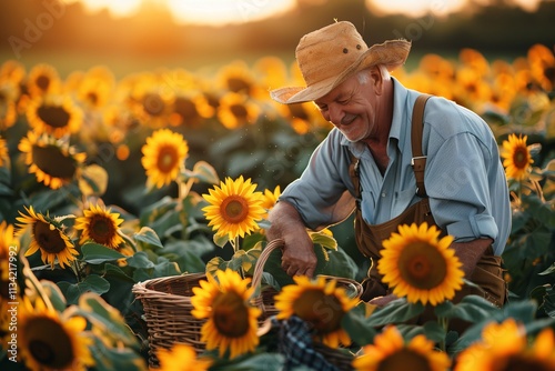 A farmer harvesting sunflowers during sunset in a vibrant field. photo