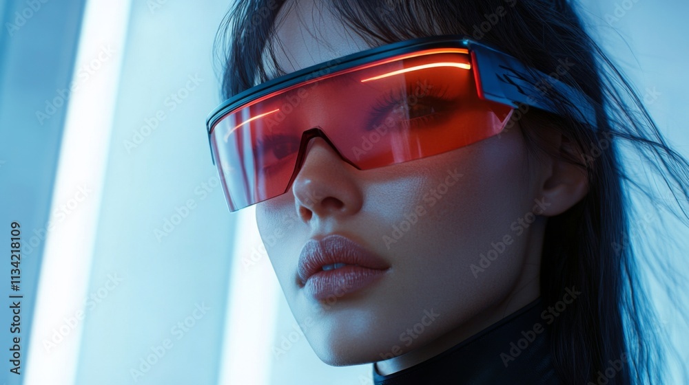 Side profile of a woman in vibrant red futuristic glasses Side profile of a woman in vibrant red futuristic glasses