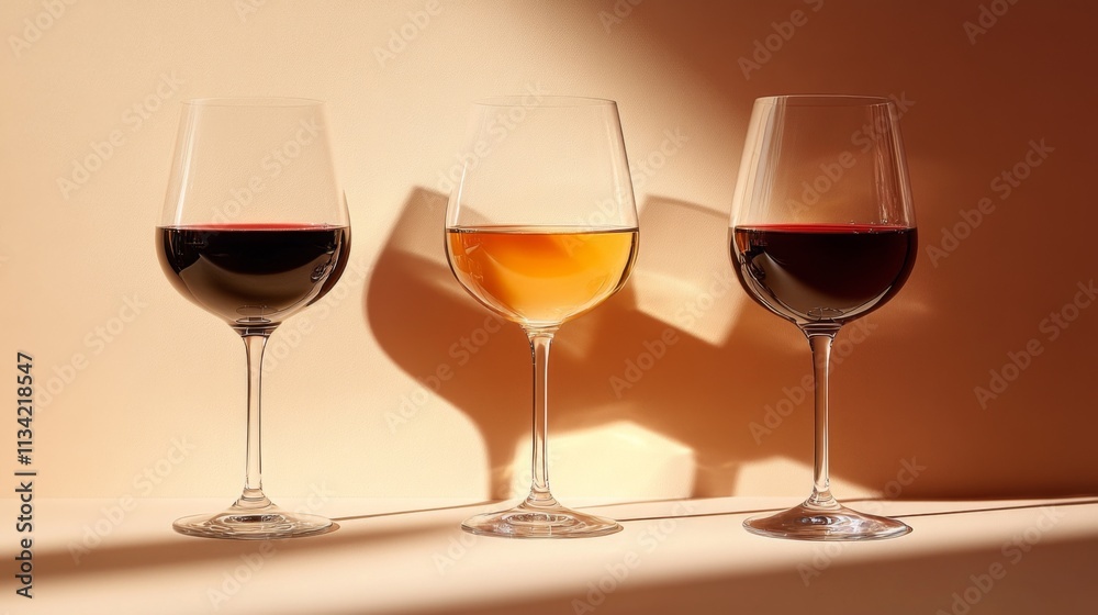 Three wine glasses casting shadows in soft lighting Three wine glasses casting shadows in soft lighting