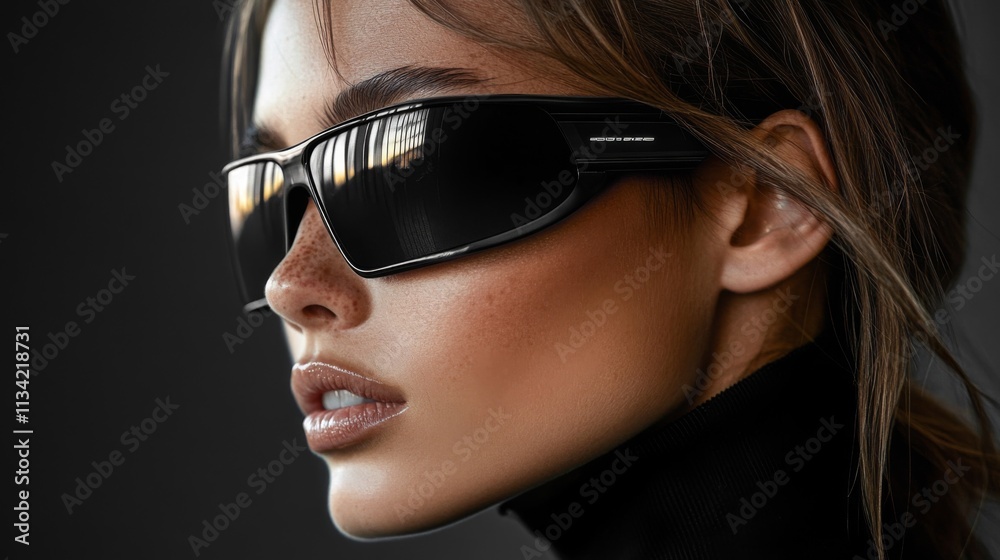 Stylish woman wearing black sunglasses in side profile Stylish woman wearing black sunglasses in side profile