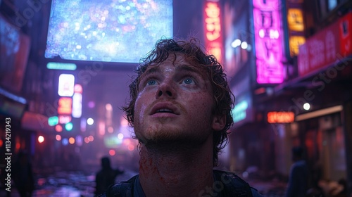 Man standing in a neon-lit urban setting with a thoughtful expression