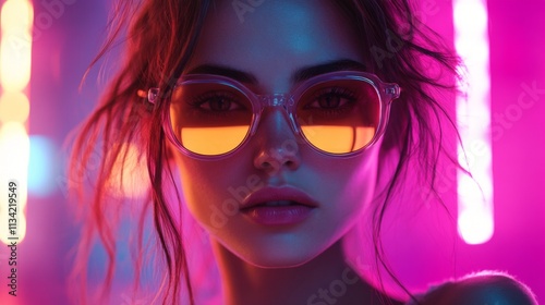 Stylish woman in vibrant pink lighting wearing bold sunglasses