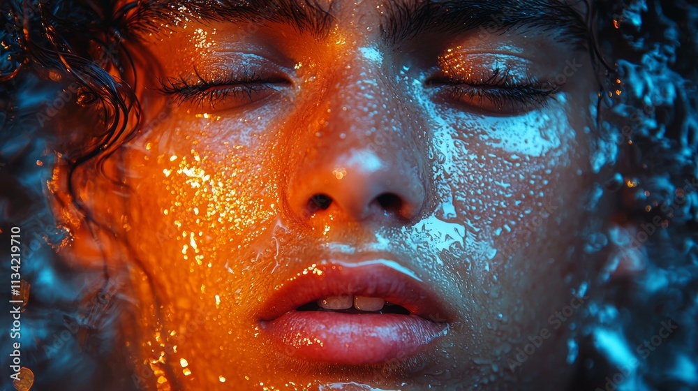 Portrait of a woman with glowing water droplets on her face Portrait of a woman with glowing water droplets on her face