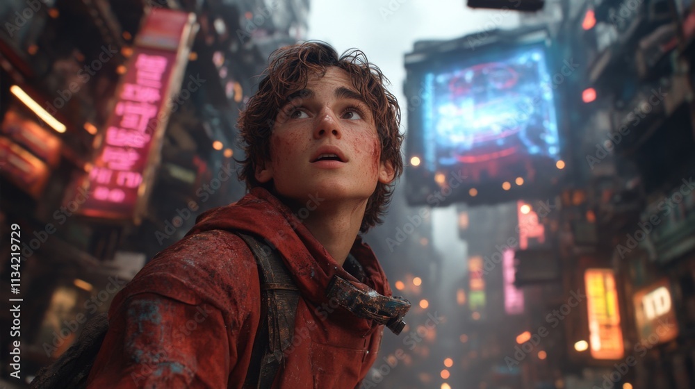 Obraz premium Young man walking through a futuristic neon-lit city
