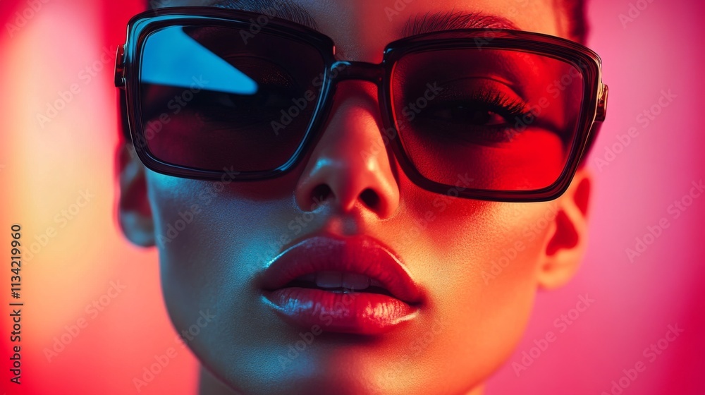 Stylish woman wearing colorful reflective sunglasses Stylish woman wearing colorful reflective sunglasses