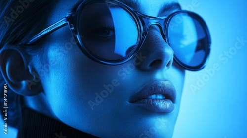 Close-up of a woman wearing futuristic round glasses