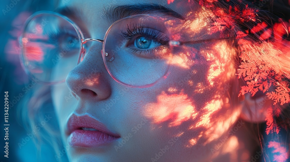 Woman with glasses reflecting cherry blossoms Woman with glasses reflecting cherry blossoms