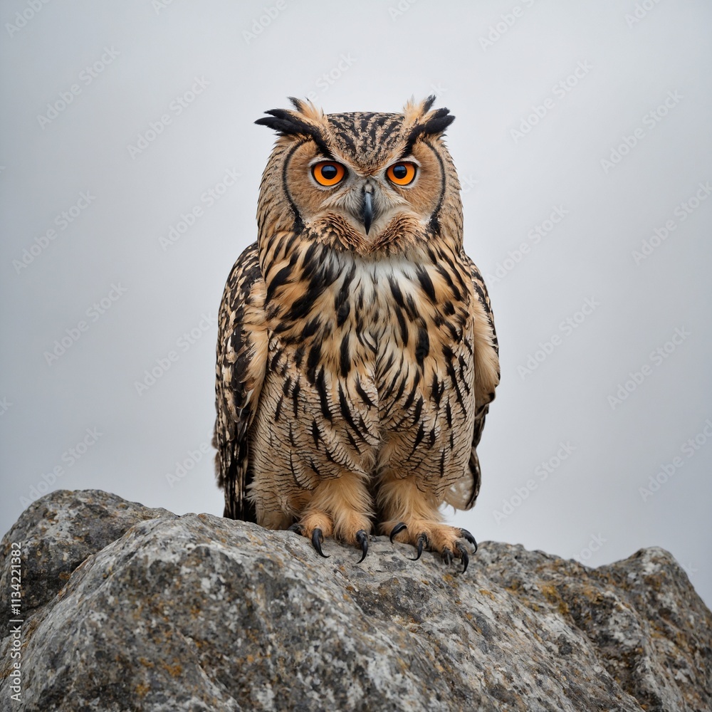 Obraz premium A Eurasian eagle owl perched on a rock, feathers beautifully patterned, white background.
