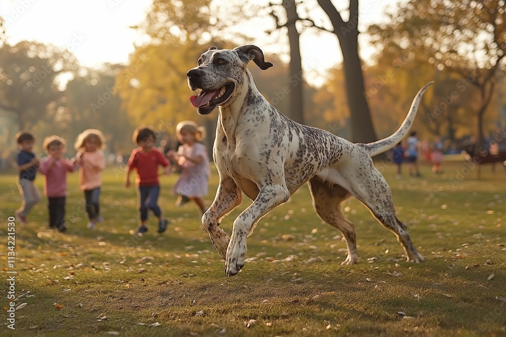 A playful Great Dane with a spotted coat running energetically in a sunny park, surrounded by children laughing and playing on a warm autumn day A playful Great Dane with a spotted coat running energetically in a sunny park, surrounded by children laughing and playing on a warm autumn day