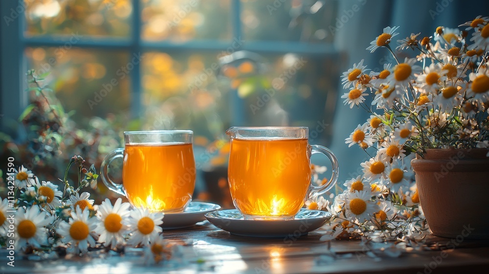 Tea cups with daisies on a rustic wooden table Tea cups with daisies on a rustic wooden table