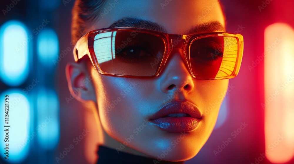A futuristic portrait of a woman wearing orange-tinted glasses with neon glow A futuristic portrait of a woman wearing orange-tinted glasses with neon glow