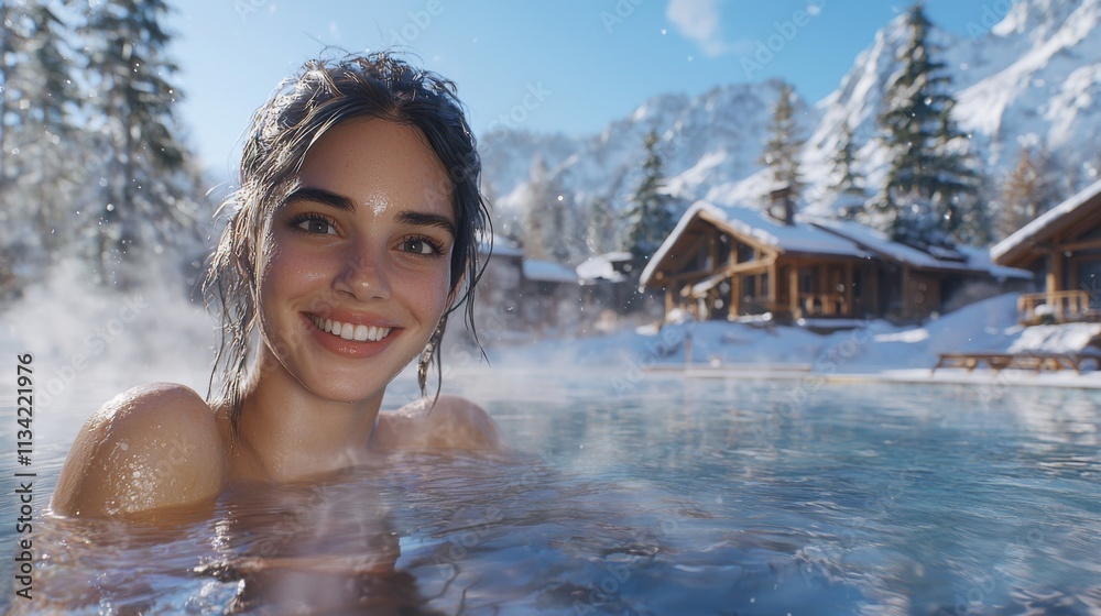 Obraz premium Smiling woman in a hot spring surrounded by snowy landscape