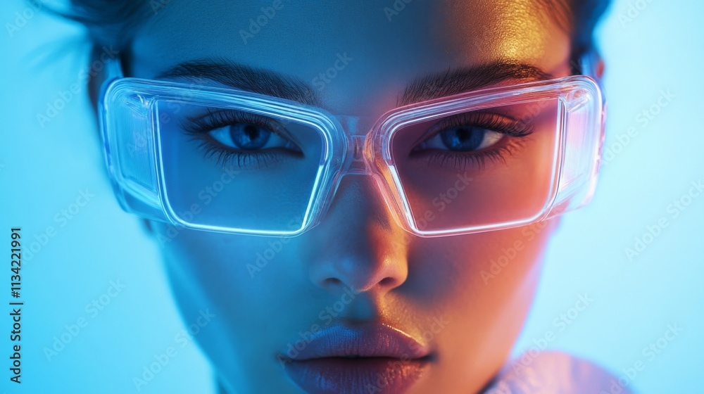 Stylish woman with neon lighting reflecting on her sunglasses Stylish woman with neon lighting reflecting on her sunglasses