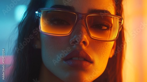 Portrait of a confident woman in vibrant sunglasses under neon lighting