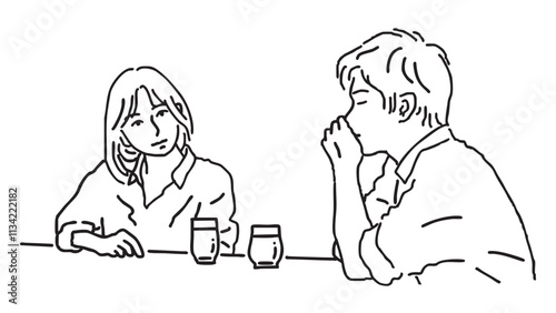 飲物の前で語り合う男女の線画