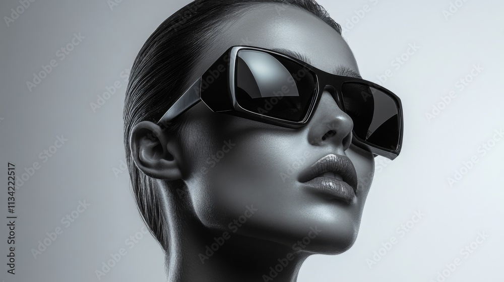 Grayscale portrait of a confident woman wearing futuristic sunglasses Grayscale portrait of a confident woman wearing futuristic sunglasses