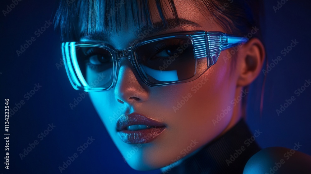 Stylish woman wearing futuristic blue sunglasses in a dark setting Stylish woman wearing futuristic blue sunglasses in a dark setting