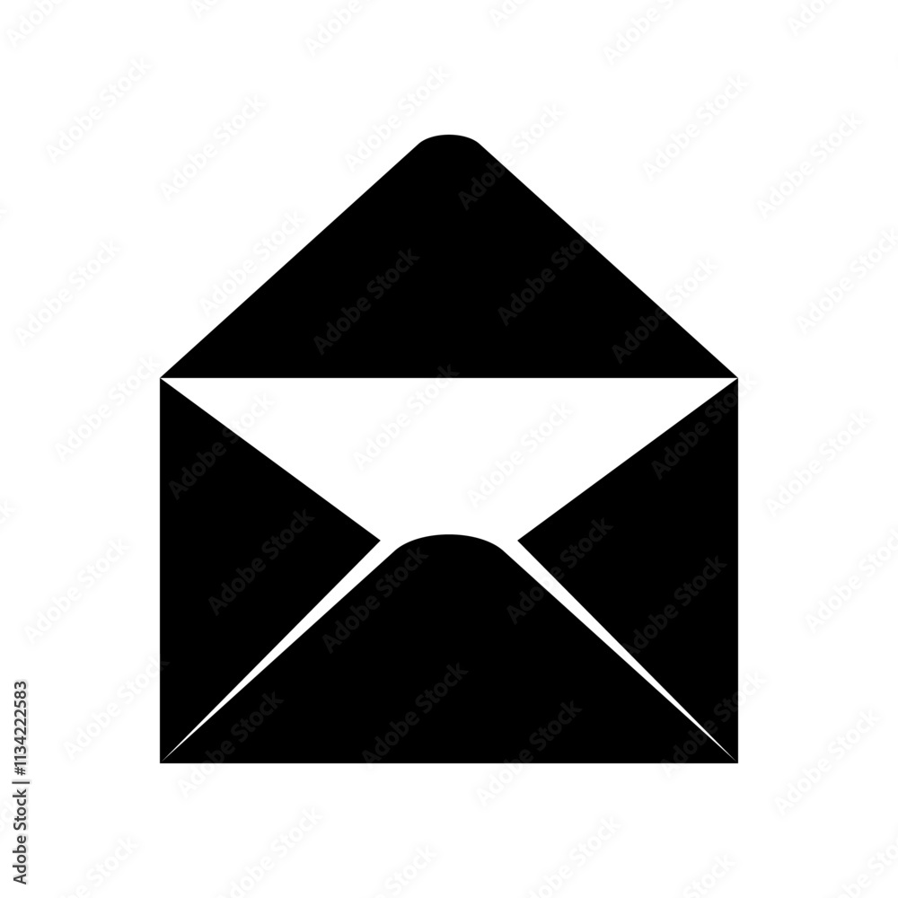 Black open paper envelope mail icon flat vector design